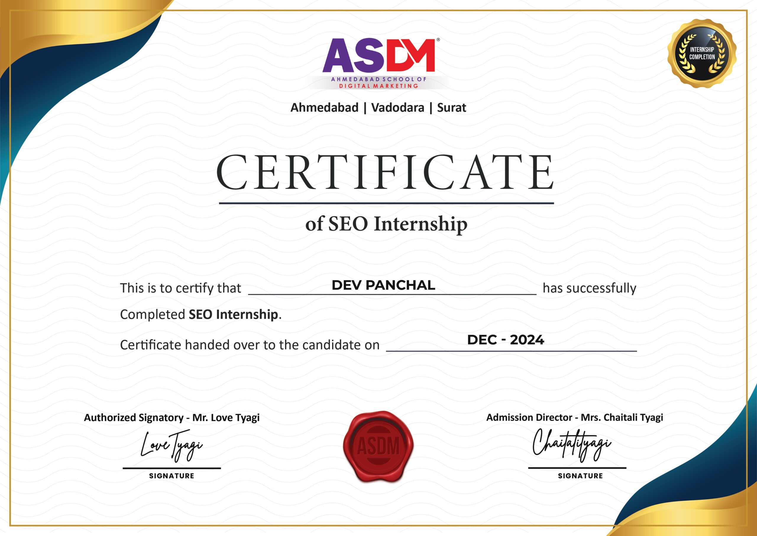 SEO Internship Certificate