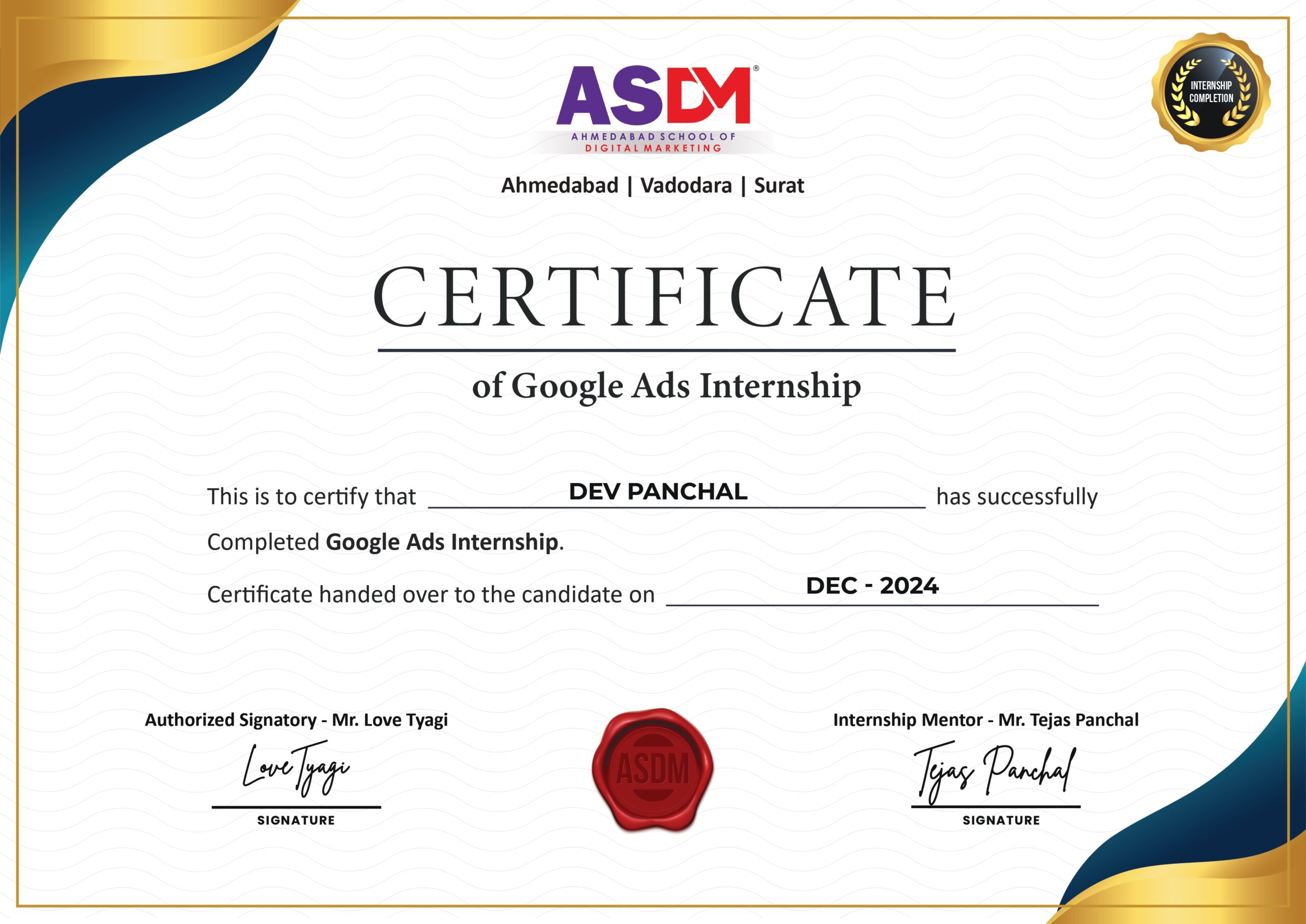 Google Ads Internship Certificate