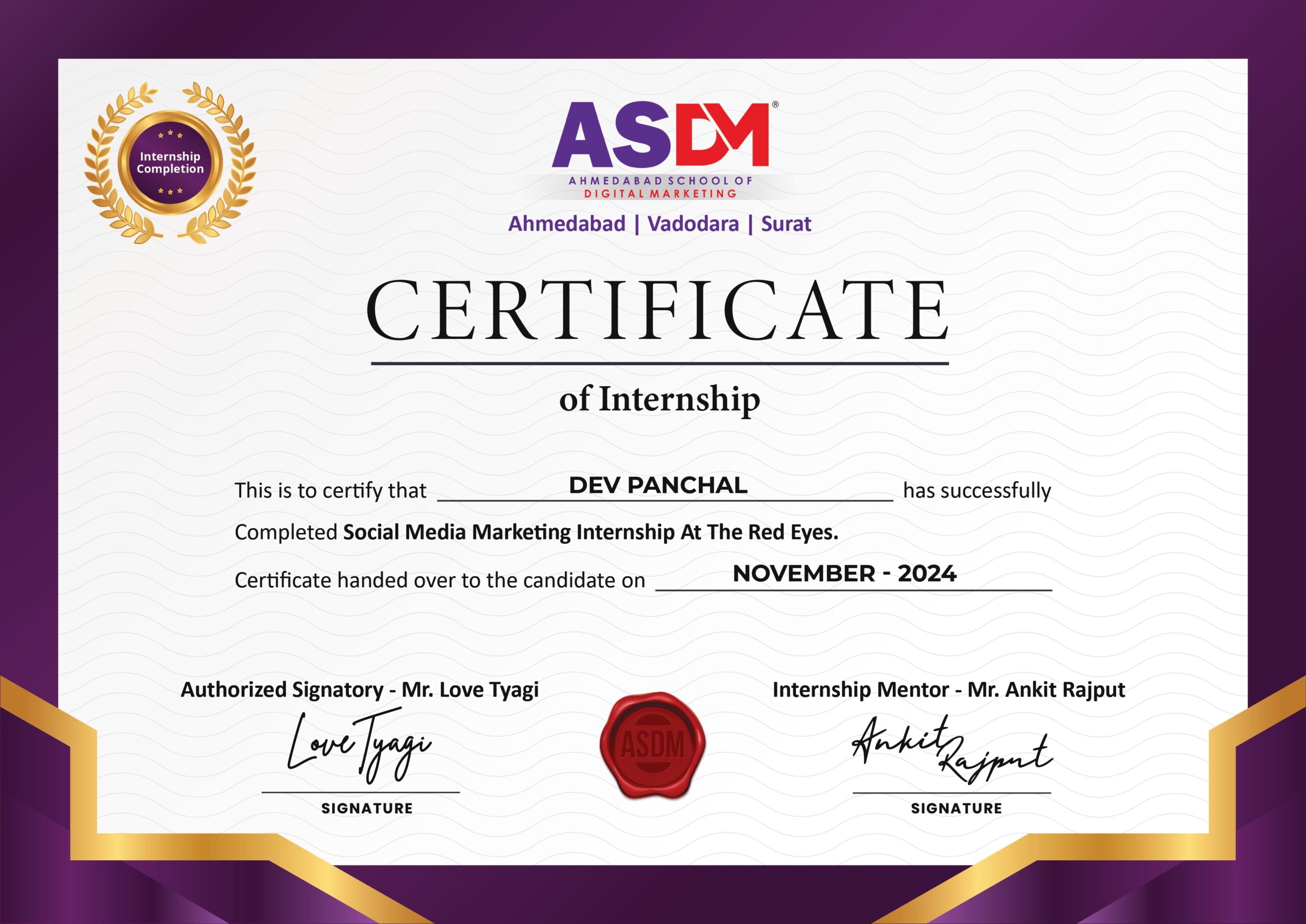 Social Media Internship Certificate